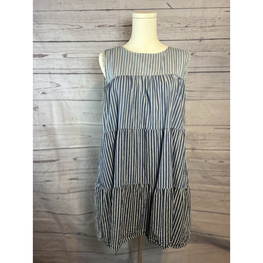 Bleu Striped Ocean Wave Cotton Dress Small 100% Cotton Sleeveless Pockets